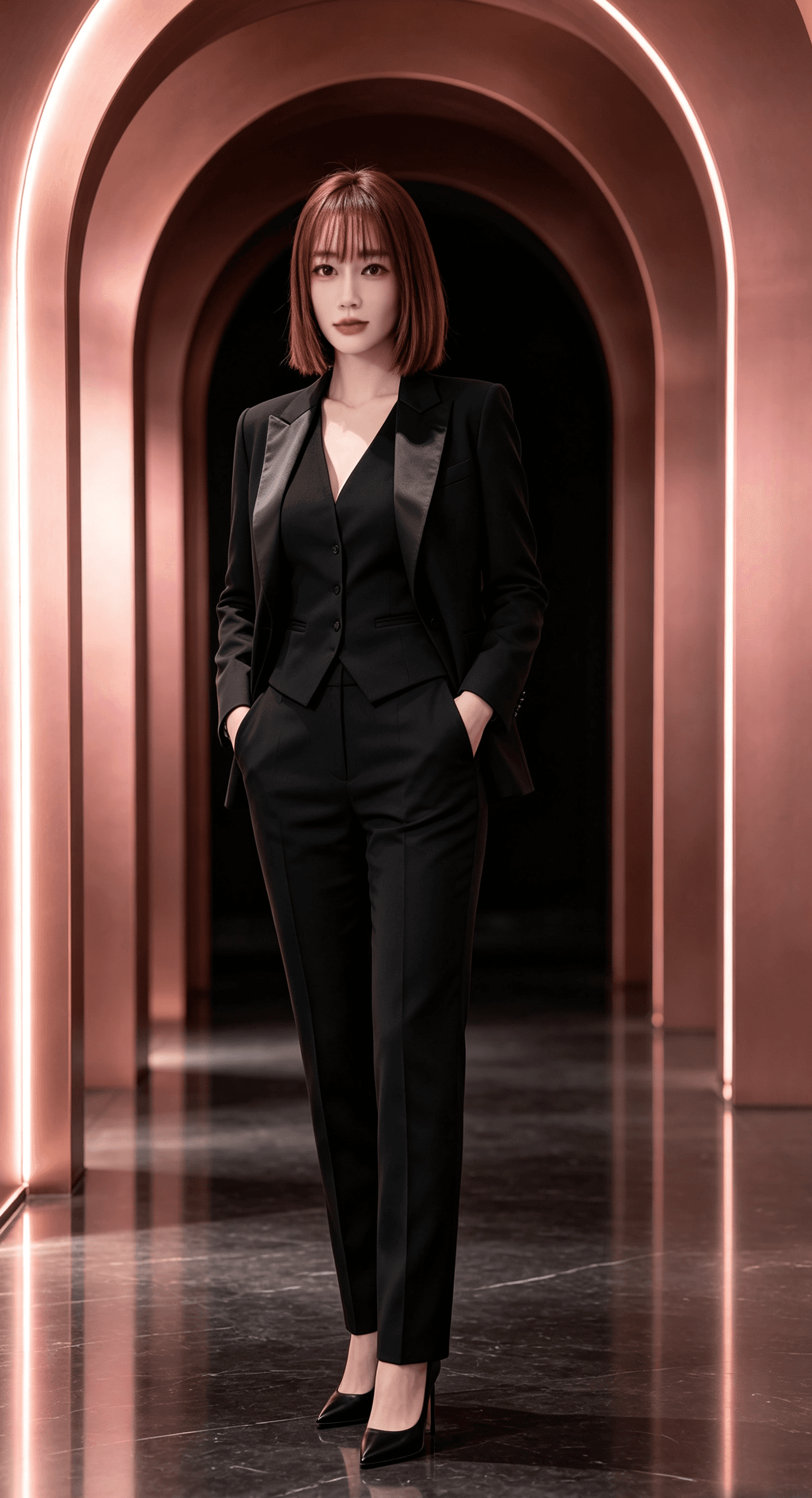 Mistress Evelyn in a black tailored suit