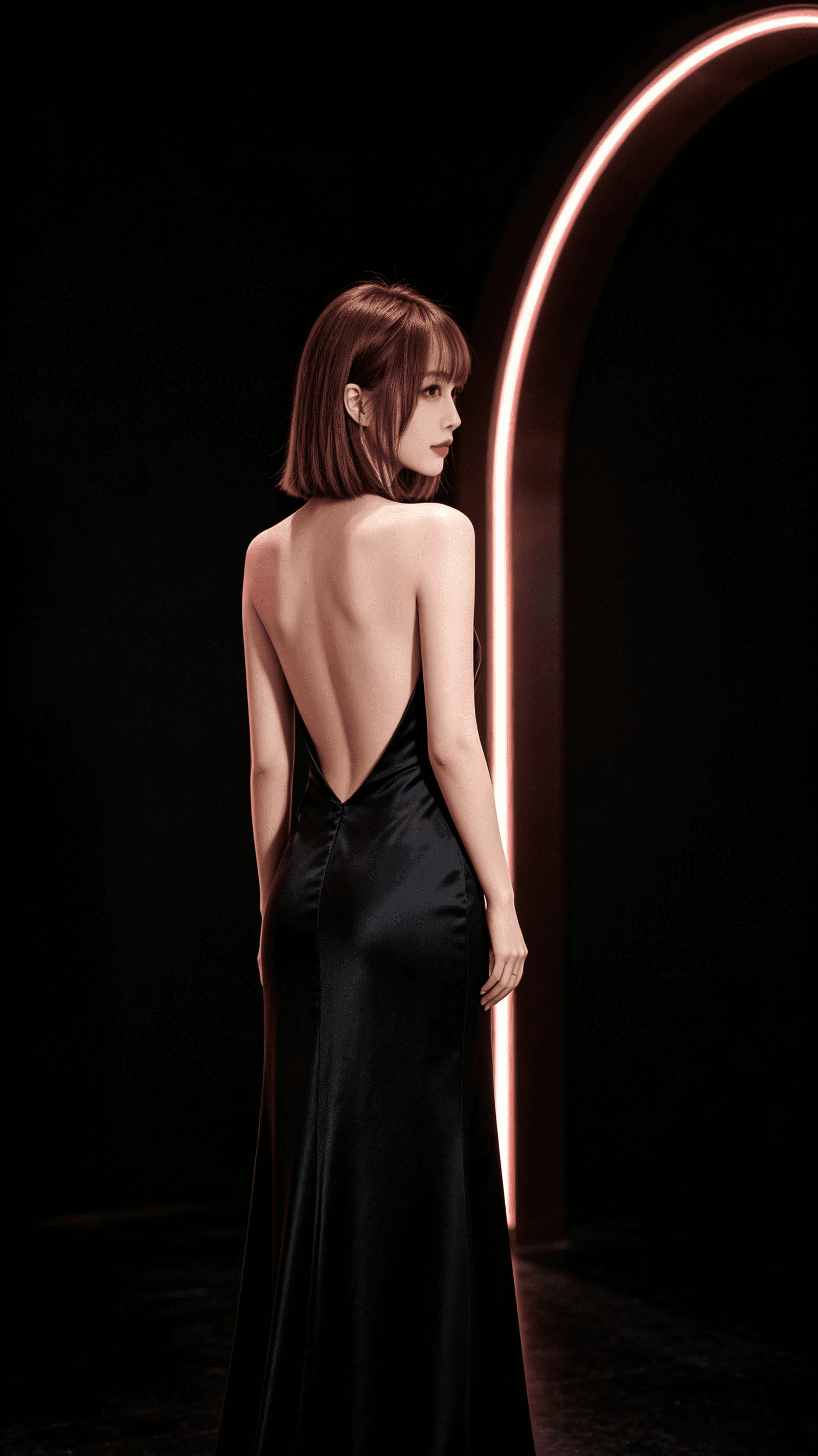 Mistress Evelyn in a black open-back gown