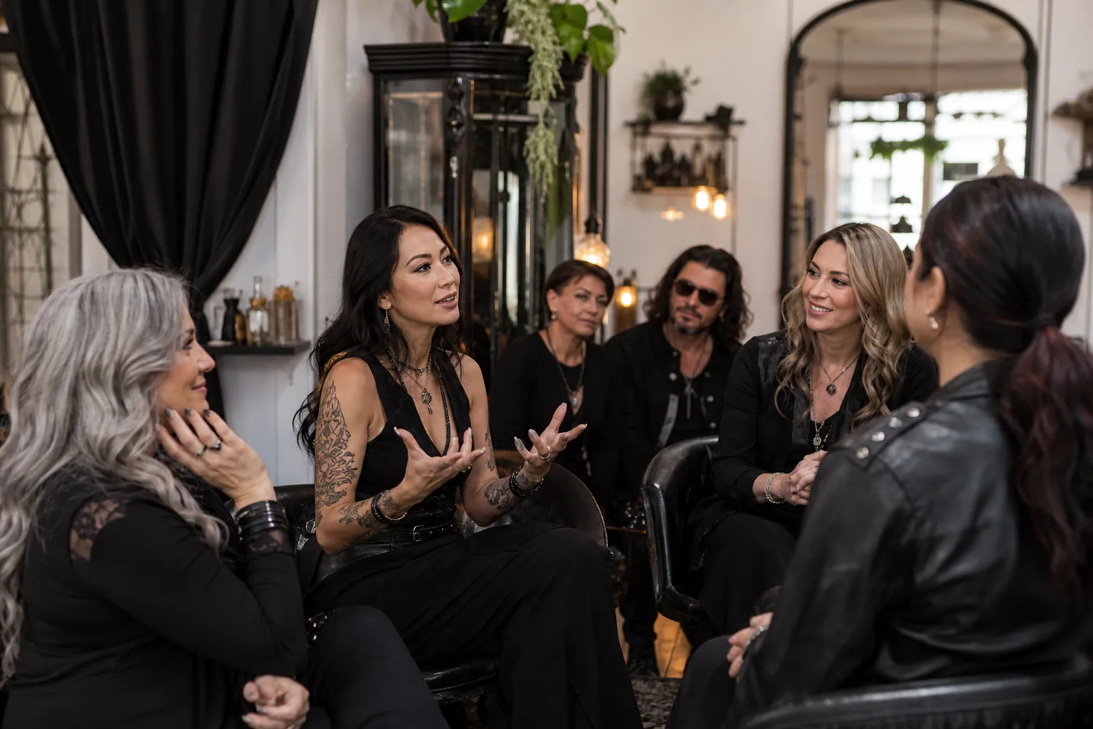 A diverse group of clearly adult people aged 28+ at a tasteful educational salon